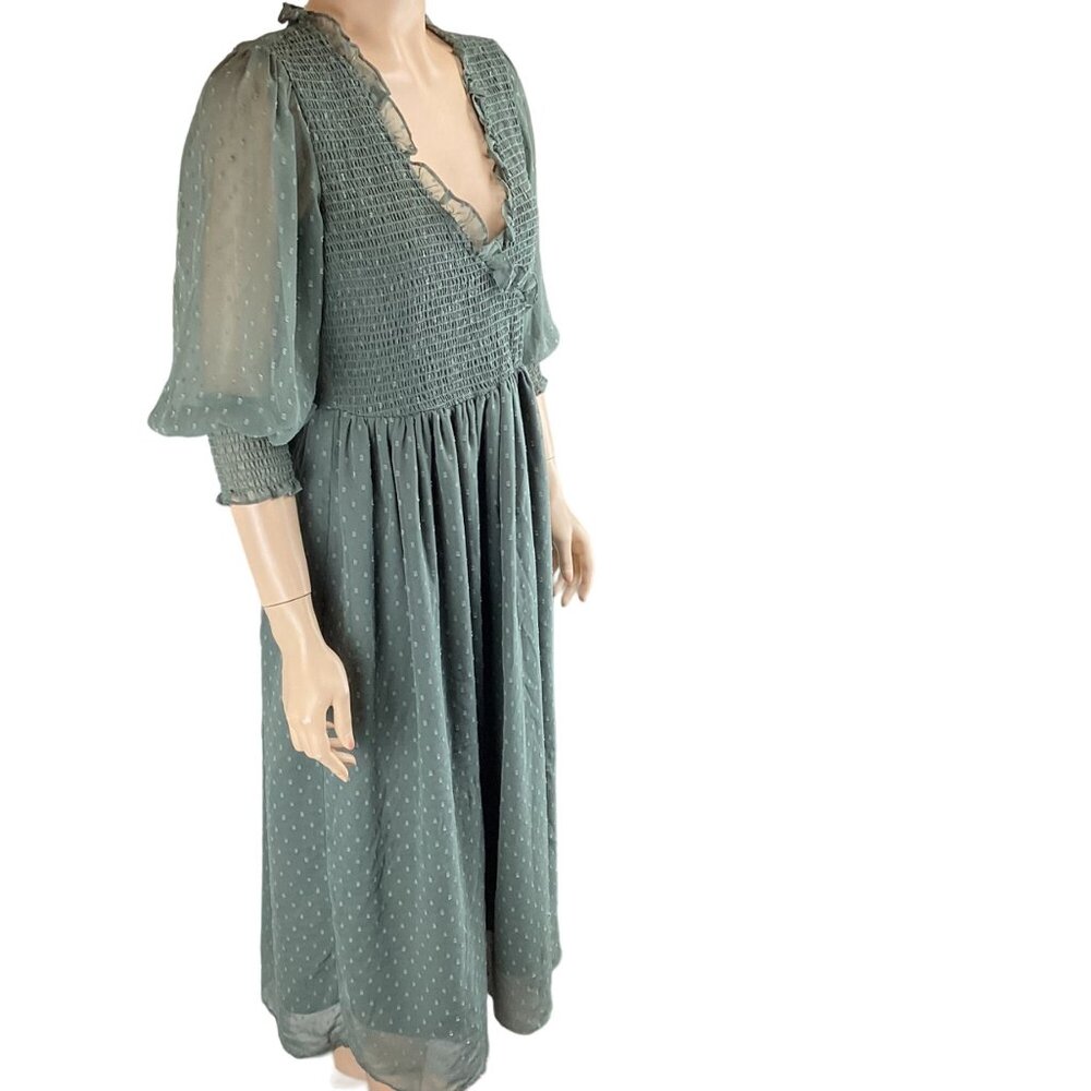 ASOS Design Green Smocked Midi Dress Size 6 Ruffle Trim & Puff Sleeves‎ - Picture 2 of 7